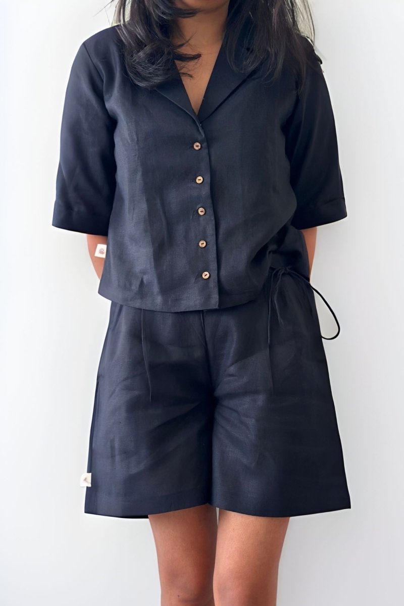 Hemp Side Tie Shorts Natural Comfort With a Modern Touch – Womens Shorts by Pravaah India available on Brown Living™. S Truffle Black. SKU: PRA24CL3BS. Img 1.