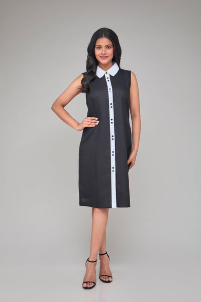Hemp Sleeveless Contrast Collar Shift Dress For Women – Womens Dress on Brown Living™. SKU: GD06-BLACK-S. Img 2.