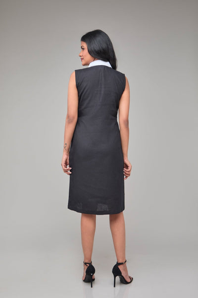 Hemp Sleeveless Contrast Collar Shift Dress For Women – Womens Dress on Brown Living™. SKU: GD06-BLACK-S. Img 5.