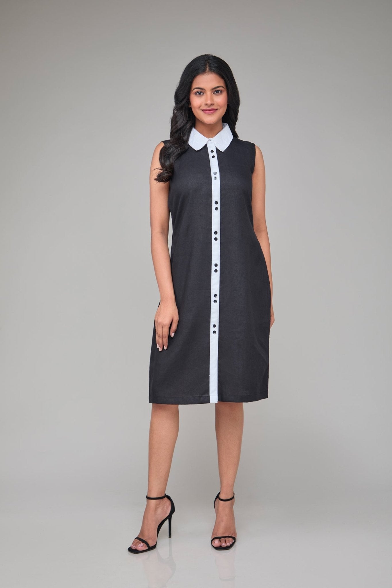 Hemp Sleeveless Contrast Collar Shift Dress For Women – Womens Dress on Brown Living™. SKU: GD06-BLACK-S. Img 1.