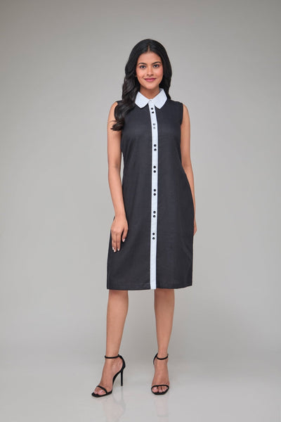 Hemp Sleeveless Contrast Collar Shift Dress For Women – Womens Dress on Brown Living™. SKU: GD06-BLACK-S. Img 1.