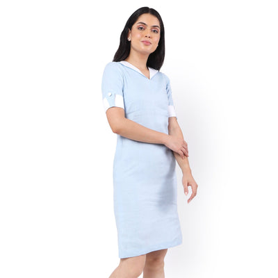 Hemp V Neck Dress Sky Blue | Sustainable Eco - Friendly Women’s Dress – Womens Dress on Brown Living™. SKU: GD04-SKYBLUE-S. Img 4.