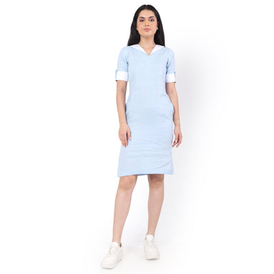 Hemp V Neck Dress Sky Blue | Sustainable Eco - Friendly Women’s Dress – Womens Dress on Brown Living™. SKU: GD04-SKYBLUE-S. Img 1.