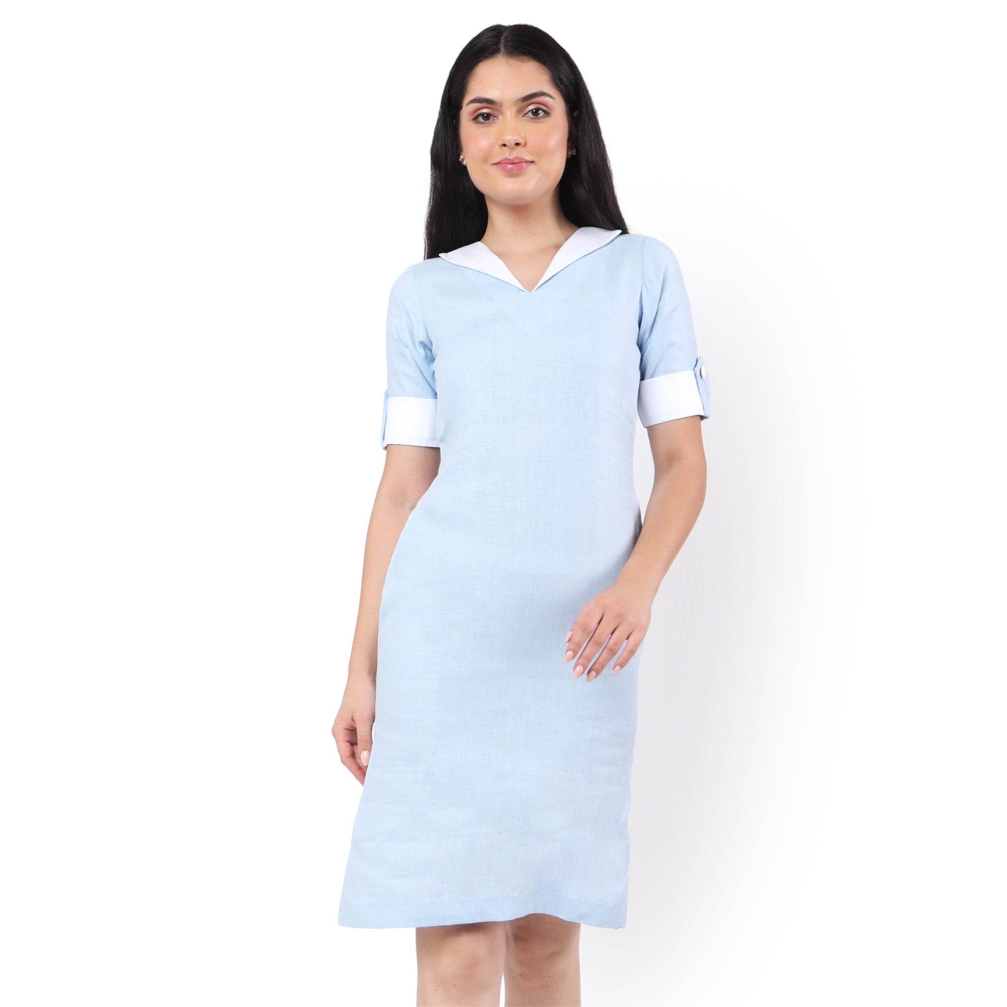 Hemp V Neck Dress Sky Blue | Sustainable Eco - Friendly Women’s Dress – Womens Dress on Brown Living™. SKU: GD04-SKYBLUE-S. Img 2.