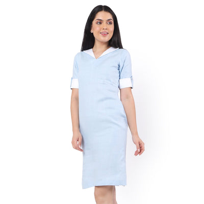 Hemp V Neck Dress Sky Blue | Sustainable Eco - Friendly Women’s Dress – Womens Dress on Brown Living™. SKU: GD04-SKYBLUE-S. Img 3.
