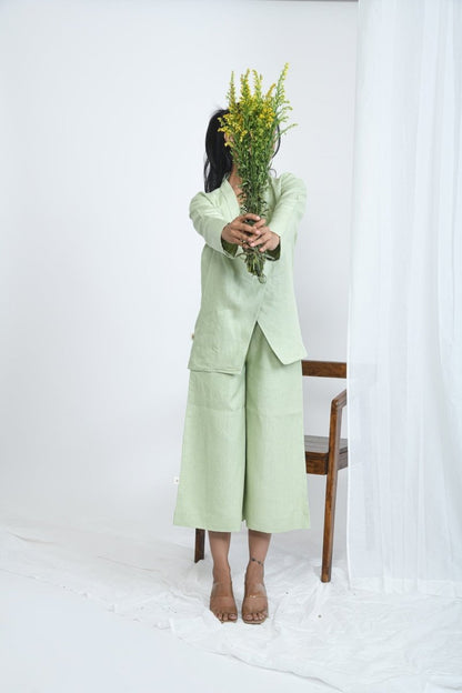 Hemp Wide Leg Pants With Side Zip With Pockets – Womens Pants by Pravaah India available on Brown Living™. Xs Pistachio. SKU: PRA24CL5GXS. Img 2.