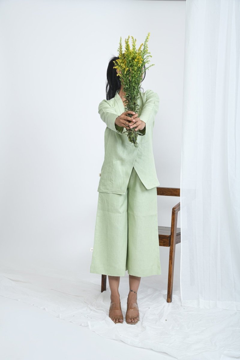 Hemp Wide Leg Pants With Side Zip With Pockets – Womens Pants by Pravaah India available on Brown Living™. Xs Pistachio. SKU: PRA24CL5GXS. Img 2.
