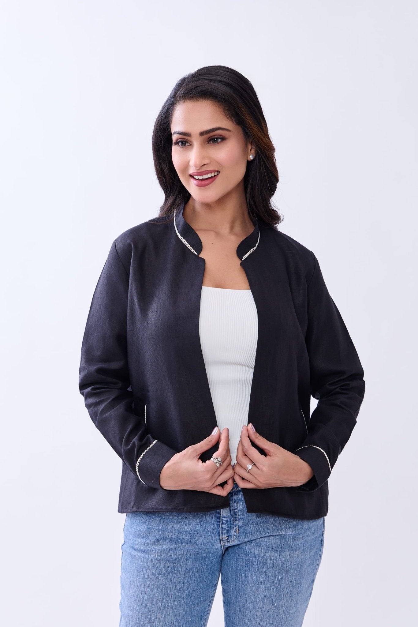 Hemp Women’s Front Open Blazer | Sustainable Eco - Friendly Jacket – Womens Blazer on Brown Living™. SKU: GBL01-BLACK-S. Img 8.