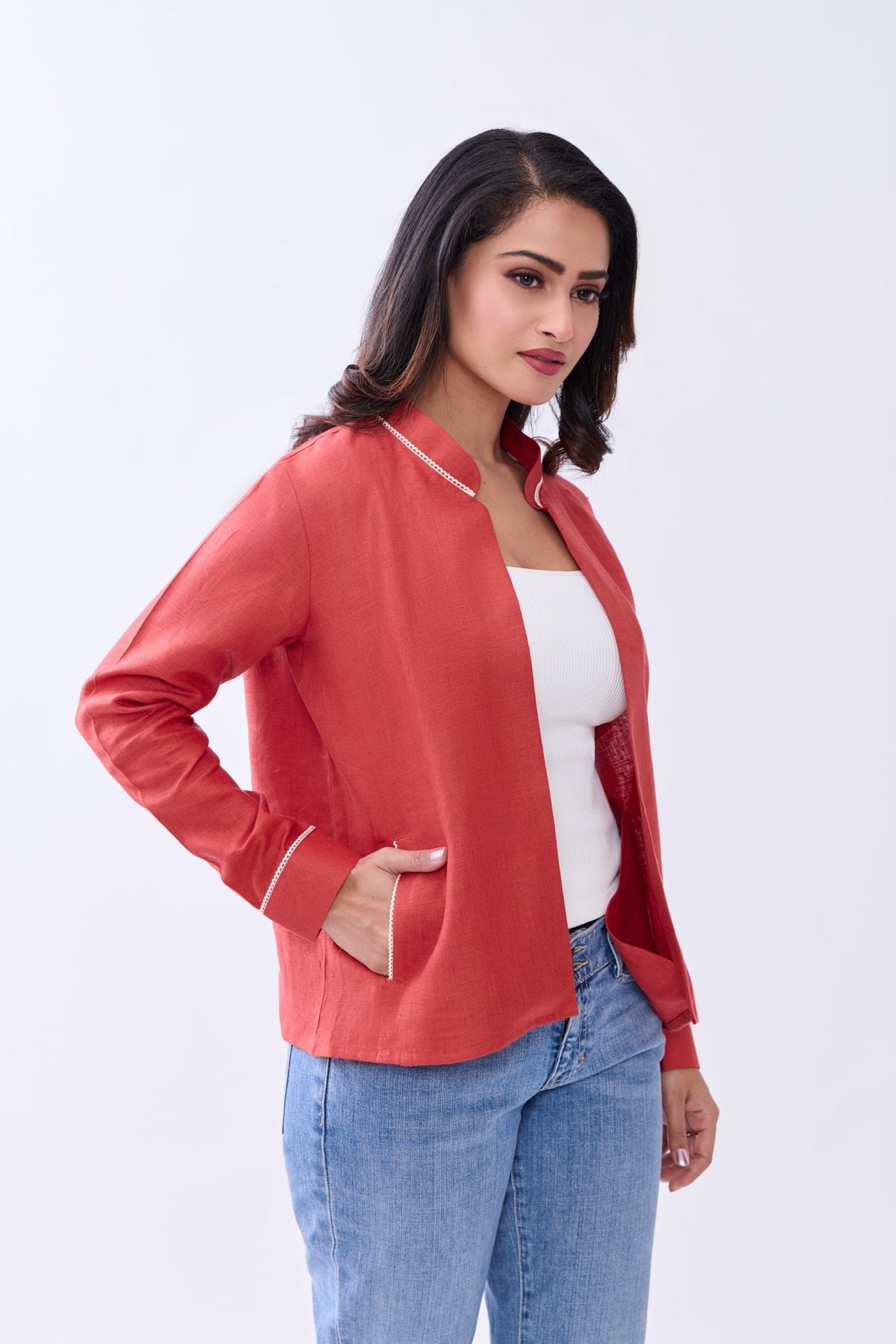 Hemp Women’s Front Open Blazer | Sustainable Eco - Friendly Jacket – Womens Blazer on Brown Living™. SKU: GBL01-RED-S. Img 3.