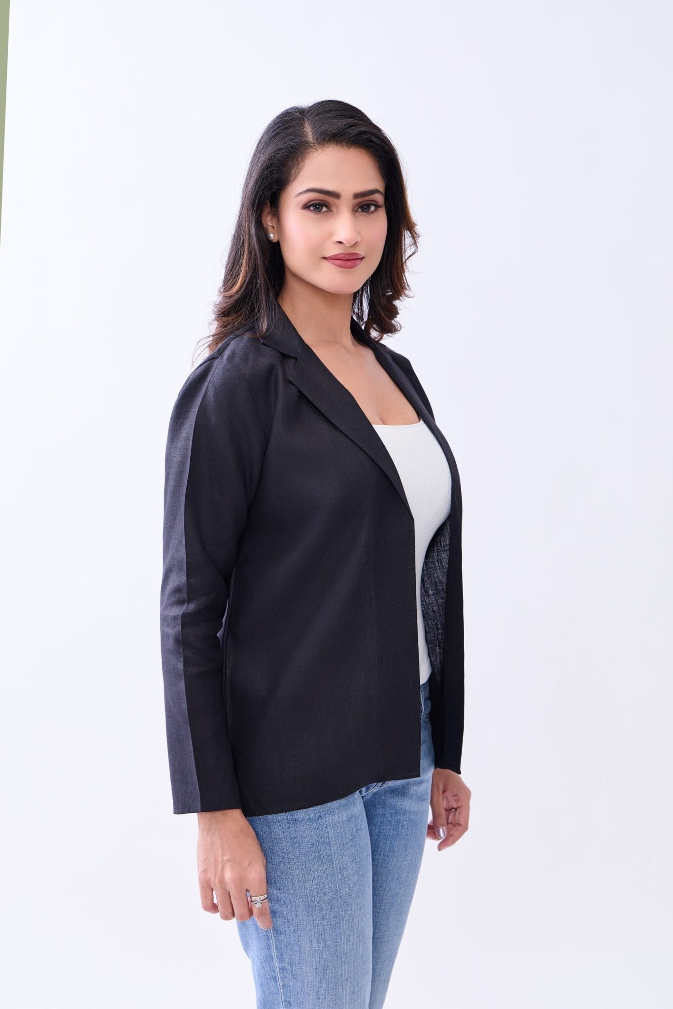 Hemp Women's Open - Front Blazer – Womens Blazer on Brown Living™. SKU: GBL03-BLACK-S. Img 8.