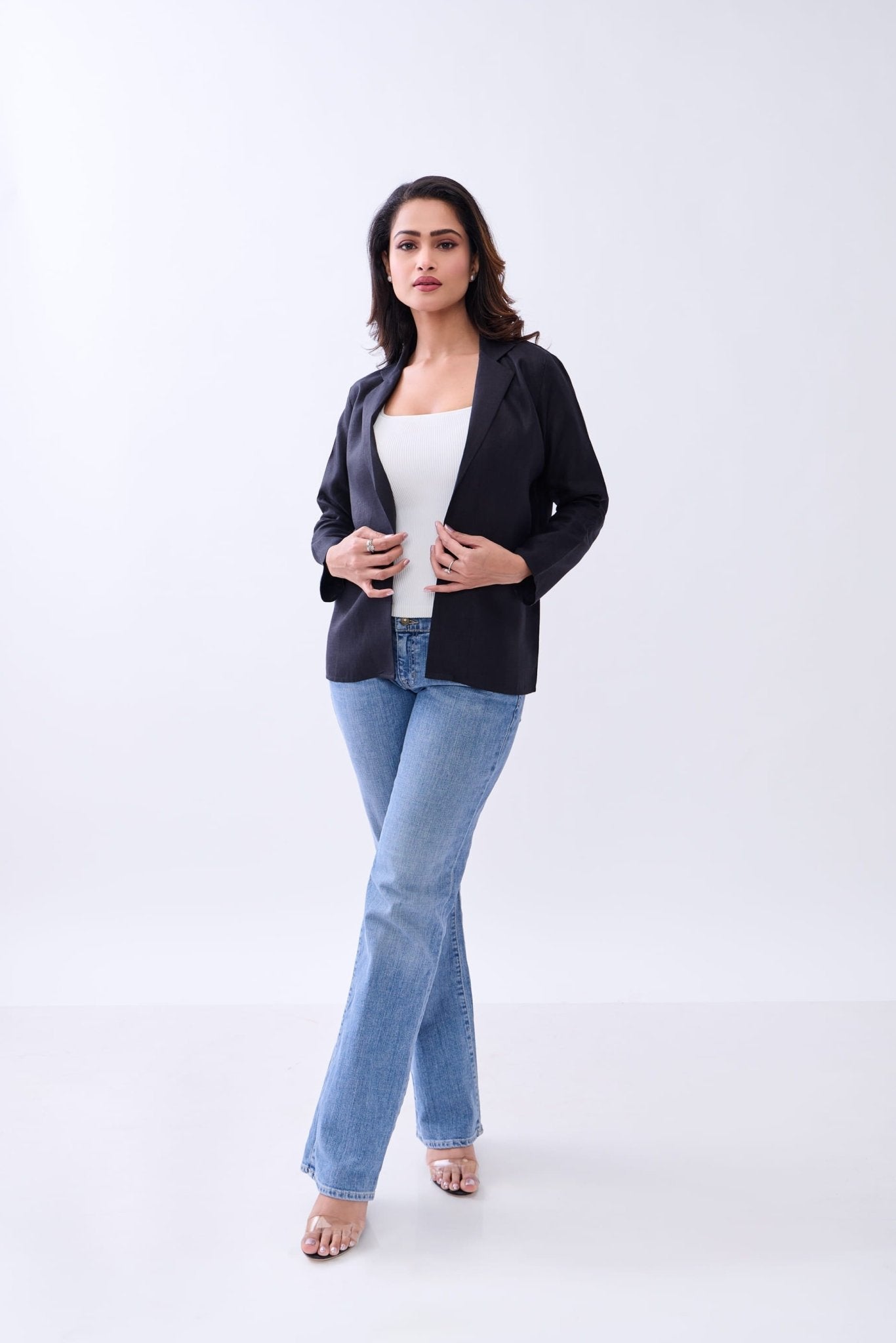 Hemp Women's Open - Front Blazer – Womens Blazer on Brown Living™. SKU: GBL03-BLUE-S. Img 6.