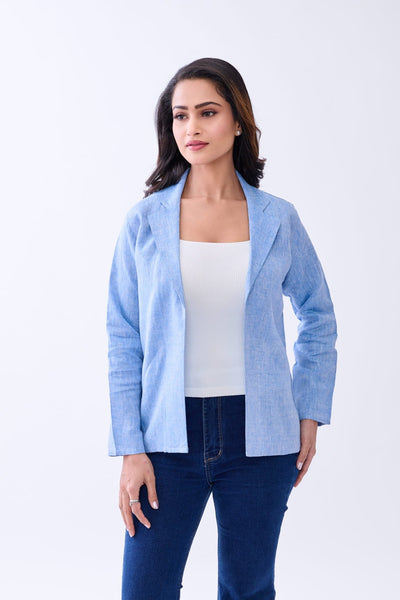 Hemp Women's Open - Front Blazer – Womens Blazer on Brown Living™. SKU: GBL03-BLUE-S. Img 2.