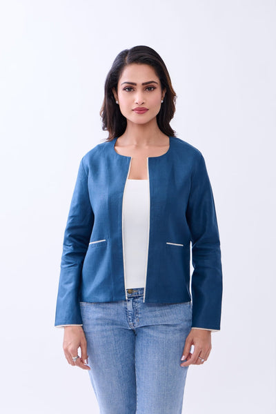 Hemp Women’s Regular Fit Front Open Jacket | Sustainable Lightweight O – Womens Blazer on Brown Living™. SKU: GBL02-BLUE-S. Img 7.