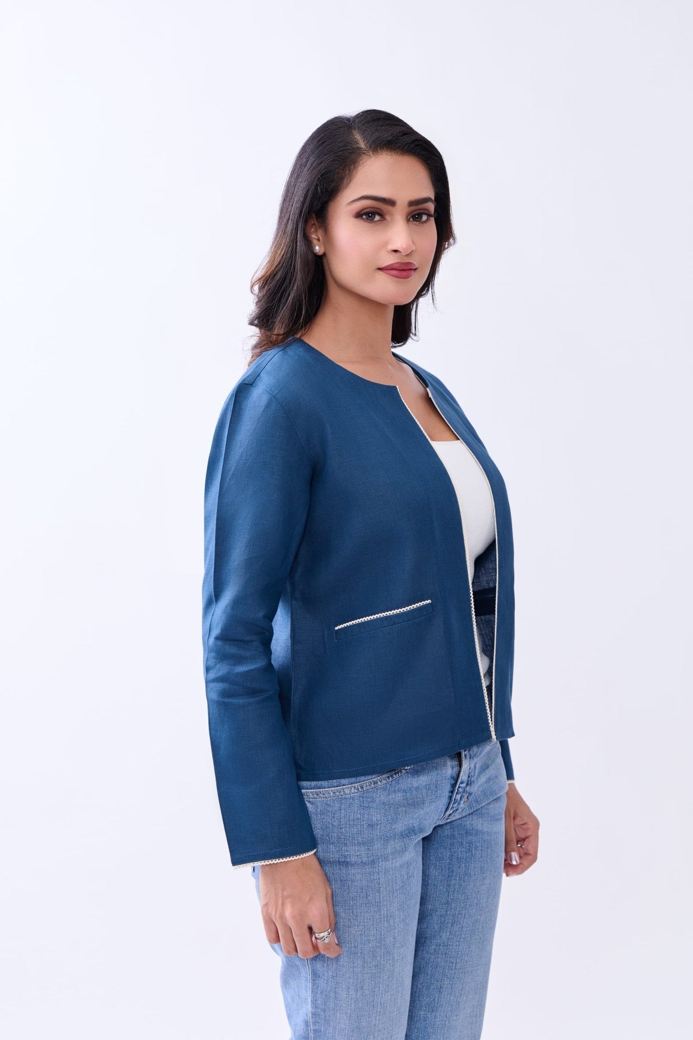 Hemp Women’s Regular Fit Front Open Jacket | Sustainable Lightweight O – Womens Blazer on Brown Living™. SKU: GBL02-BLUE-S. Img 8.