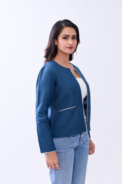 Hemp Women’s Regular Fit Front Open Jacket | Sustainable Lightweight O – Womens Blazer on Brown Living™. SKU: GBL02-BLUE-S. Img 8.