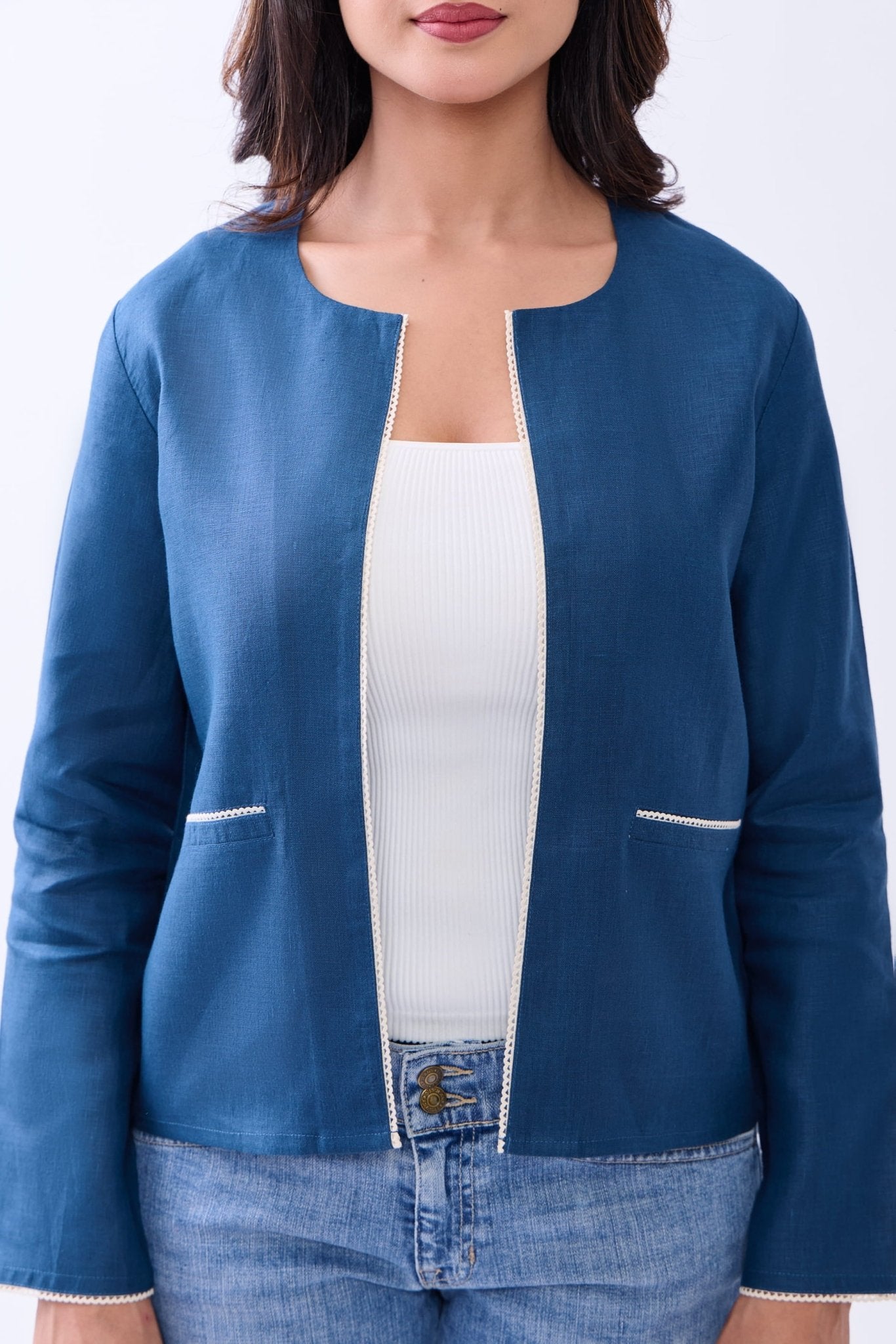 Hemp Women’s Regular Fit Front Open Jacket | Sustainable Lightweight O – Womens Blazer on Brown Living™. SKU: GBL02-BLUE-S. Img 9.