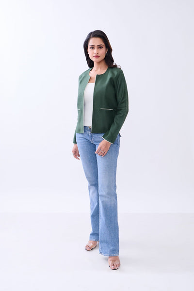 Hemp Women’s Regular Fit Front Open Jacket | Sustainable Lightweight O – Womens Blazer on Brown Living™. SKU: GBL02-GREEN-S. Img 1.