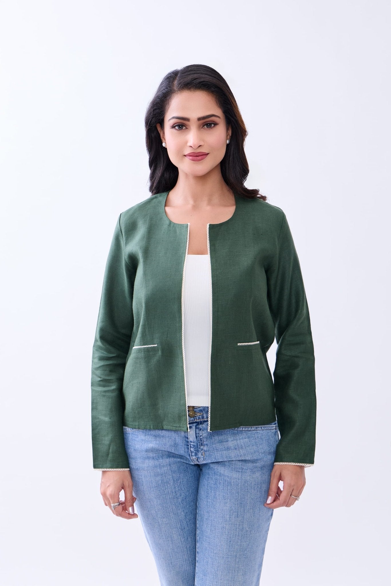 Hemp Women’s Regular Fit Front Open Jacket | Sustainable Lightweight O – Womens Blazer on Brown Living™. SKU: GBL02-GREEN-S. Img 2.