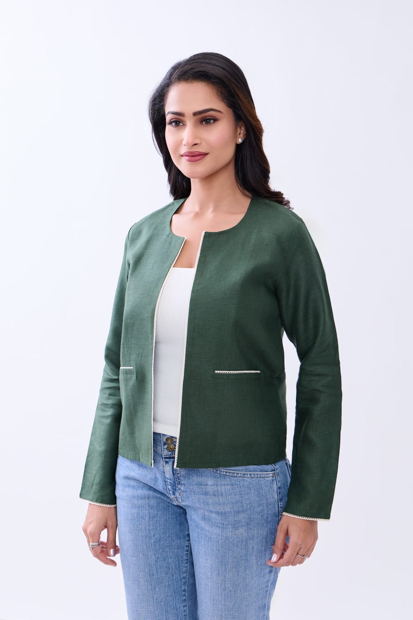 Hemp Women’s Regular Fit Front Open Jacket | Sustainable Lightweight O – Womens Blazer on Brown Living™. SKU: GBL02-GREEN-S. Img 3.
