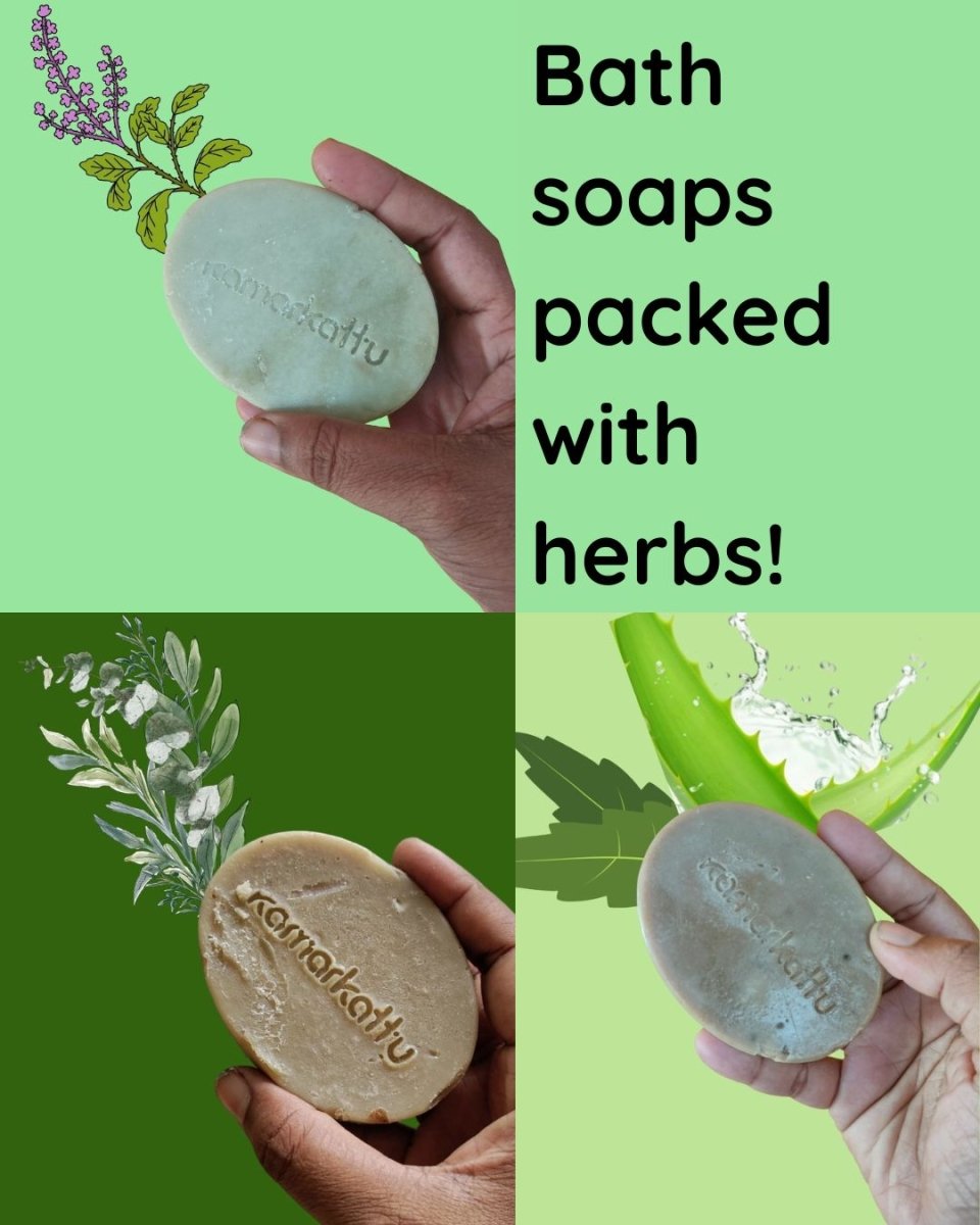 Herbs packed bath soaps - Handmade: Pack of 3 – Body Soap by Kamarkattu Ecostore available on Brown Living™. One Of Each Without Loofah. SKU: ecltusnas. Img 1.