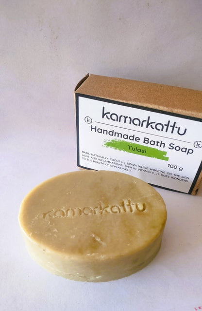Herbs packed bath soaps - Handmade: Pack of 3 – Body Soap by Kamarkattu Ecostore available on Brown Living™. Tulasi - Pack Of 3 With Loofah. SKU: tus3withloofah. Img 9.