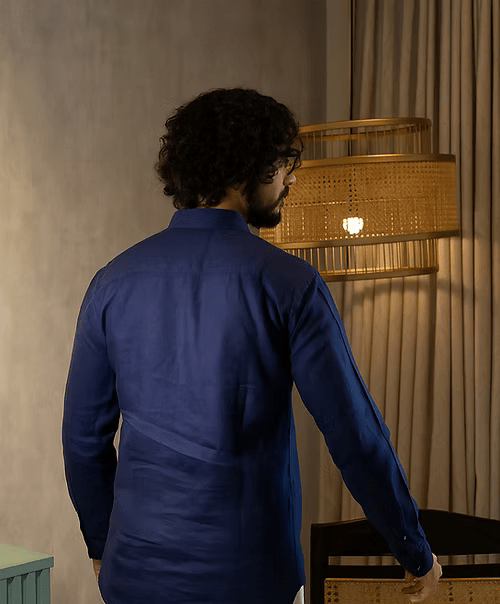 Heritage Navy Pure Linen Long - Sleeve Shirt | Soft & Breathable – Men Shirt on Brown Living™. SKU: ANTPLSLSBL. Img 2.