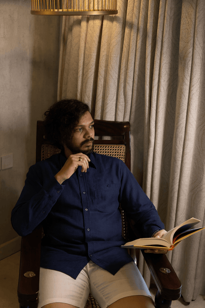 Heritage Navy Pure Linen Long - Sleeve Shirt | Soft & Breathable – Men Shirt on Brown Living™. SKU: ANTPLSLSBL. Img 1.