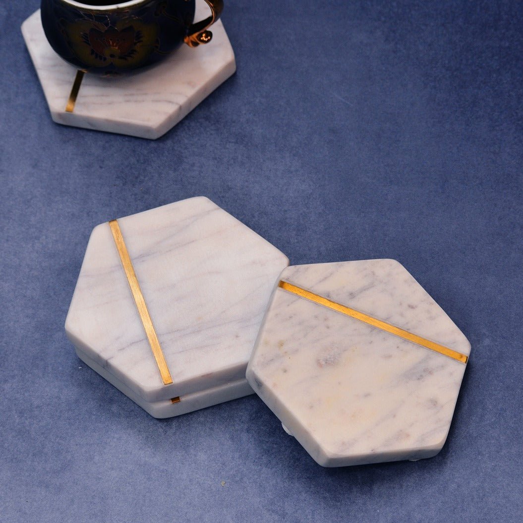 Hexagonal White Marble Inlay Coasters (Set of 4) | Verified Sustainable by Brown Living™