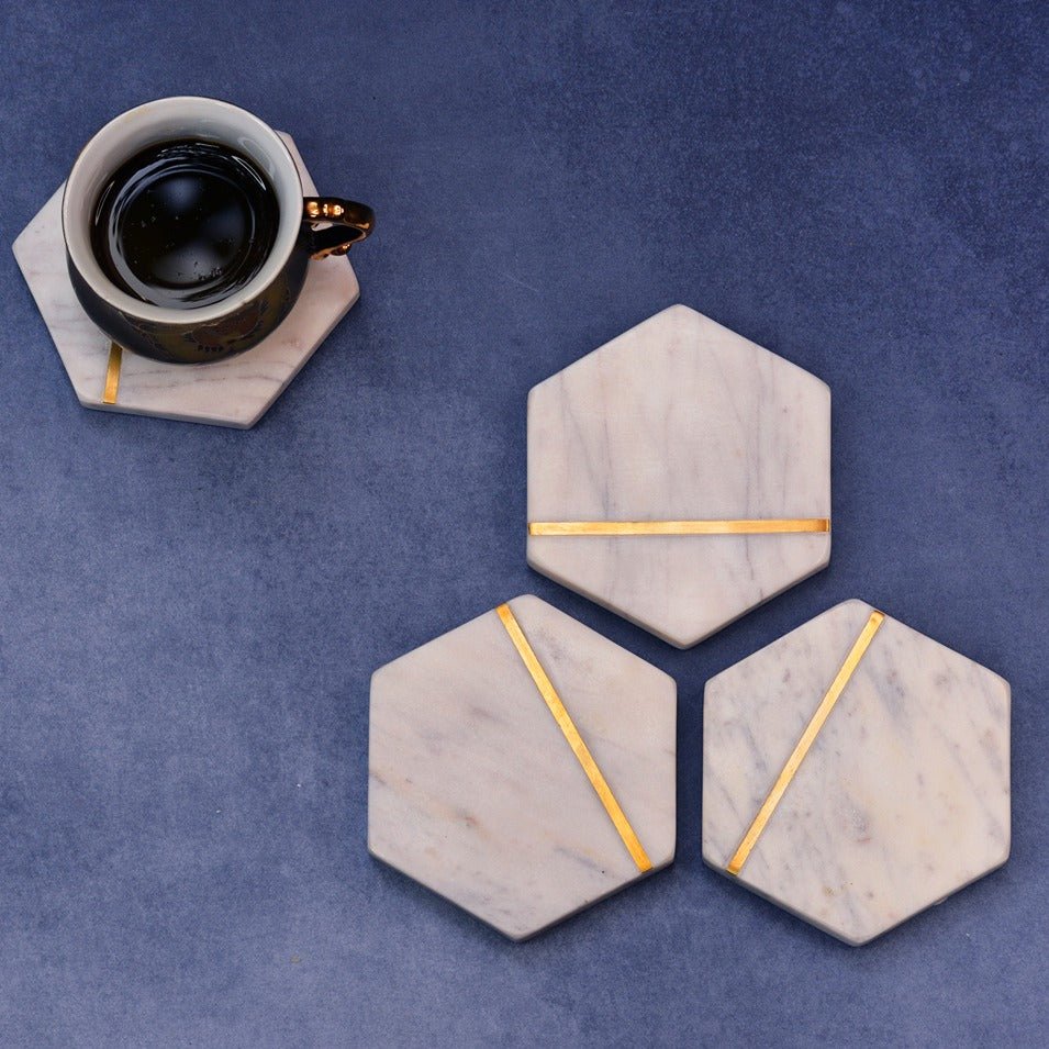 Hexagonal White Marble Inlay Coasters (Set of 4) | Verified Sustainable by Brown Living™