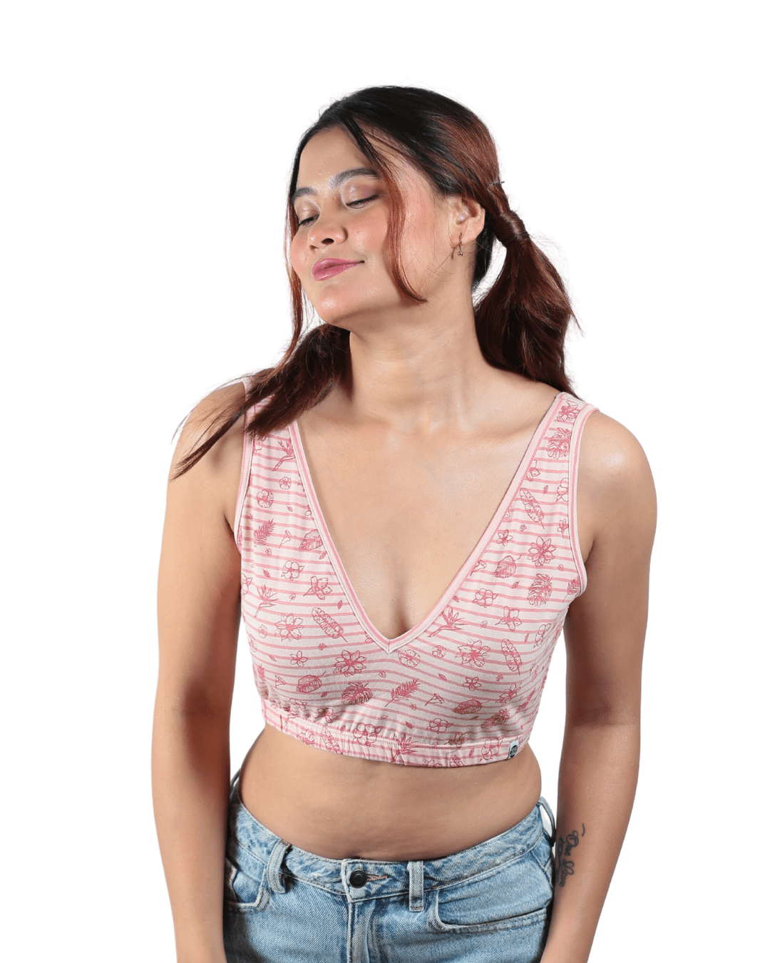 Hibiscus Deep V Cotton Bralette – Womens Top on Brown Living™. SKU: 008DEEPVPINKHIBISCUSXS. Img 8.