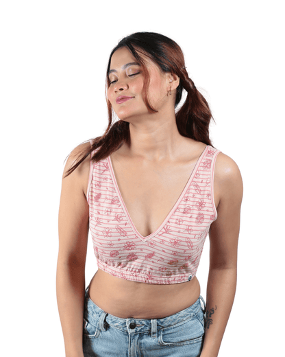 Hibiscus Deep V Cotton Bralette – Womens Top on Brown Living™. SKU: 008DEEPVPINKHIBISCUSXS. Img 8.