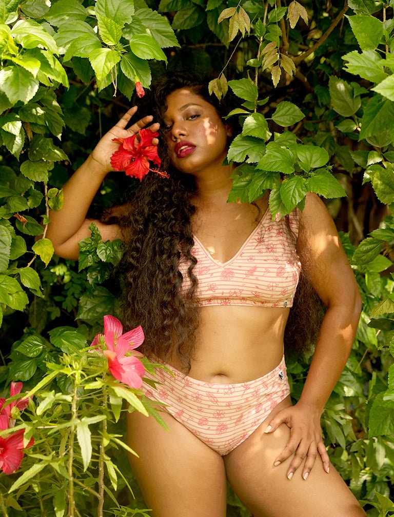 Hibiscus Print Deep V Cotton Co - ord Lingerie Set – Womens Underwear on Brown Living™. SKU: Co - OrdPinkHibiscus - XS. Img 1.