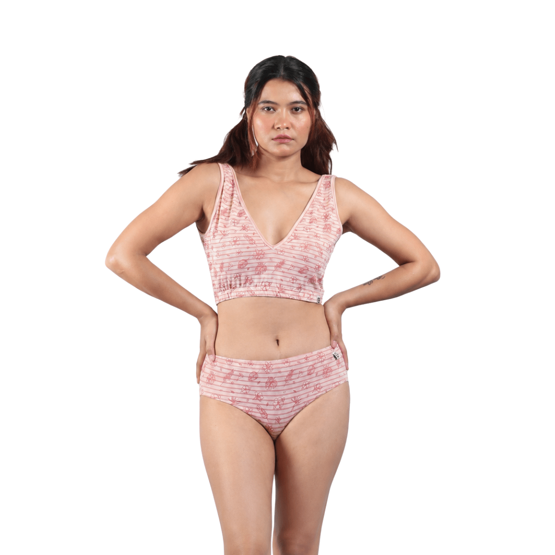 Hibiscus Print Deep V Cotton Co-ord Lingerie Set – Womens Underwear on Brown Living™. SKU: Co-OrdPinkHibiscus-XS. Img 4.