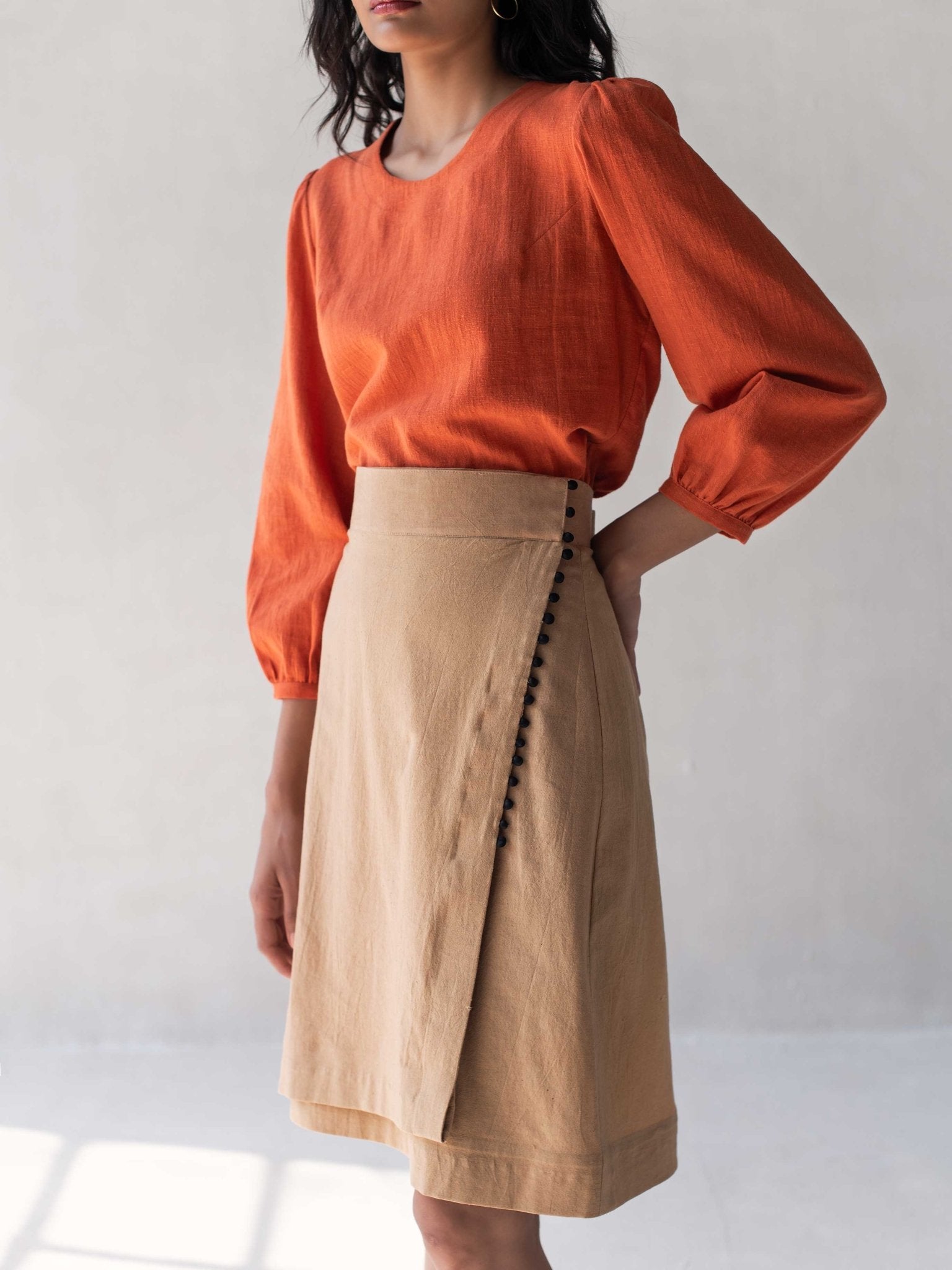 High - Waisted A - Line Skirt | Classic Cotton Beige Skirt for Women – Womens Skirt on Brown Living™. SKU: DCSS25B01S. Img 4.