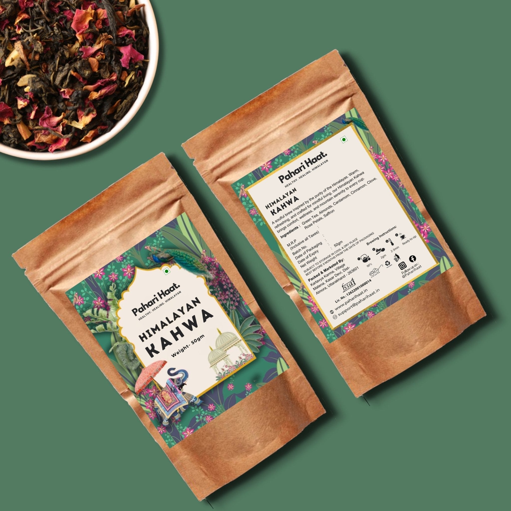 Himalayan Kahwa Tea – Authentic Kashmiri Herbal Green Blend – Tea on Brown Living™. SKU: HKHW-50. Img 3.