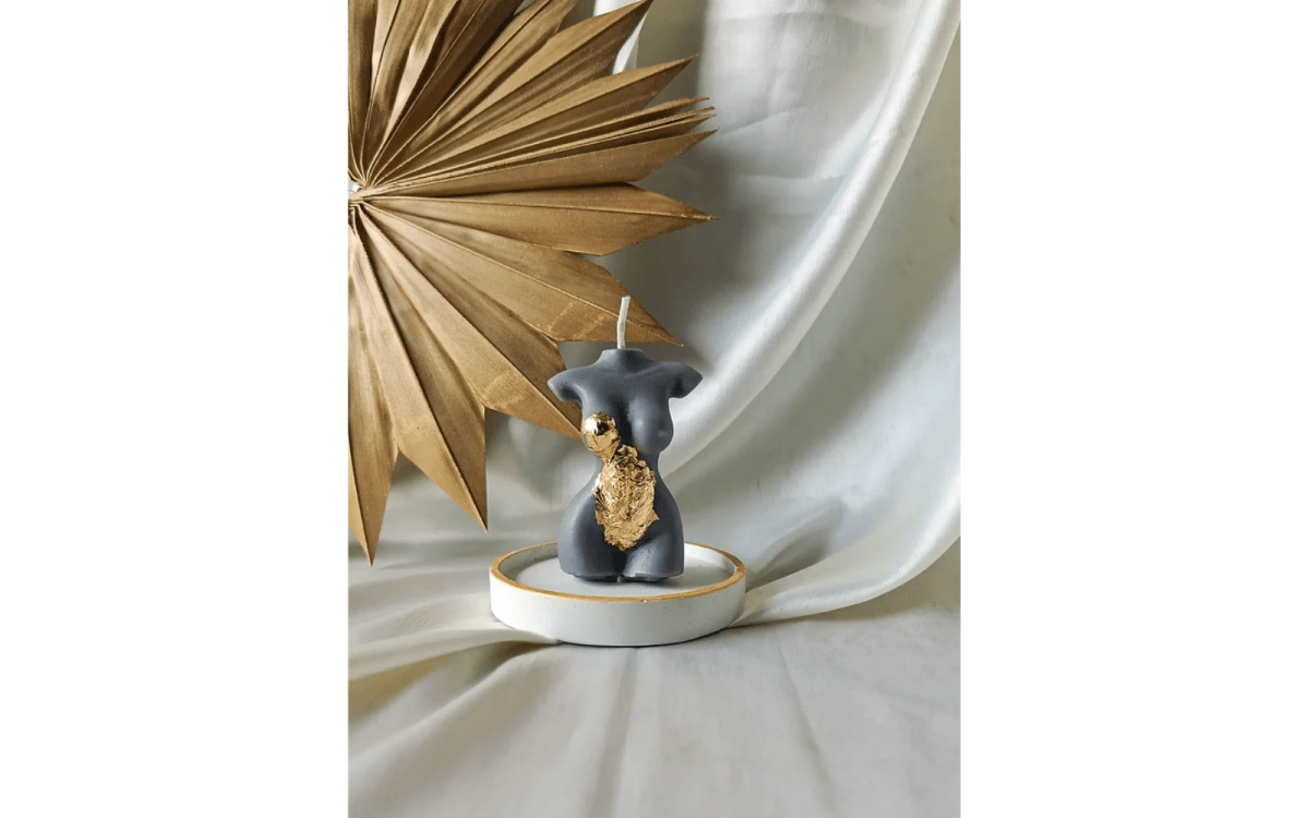Homebody Soy Wax Candle Decorated in Gold - White – Candles & Fragrances by Rasa Home available on Brown Living™. Dark Grey . SKU: HBG03503_N. Img 4.