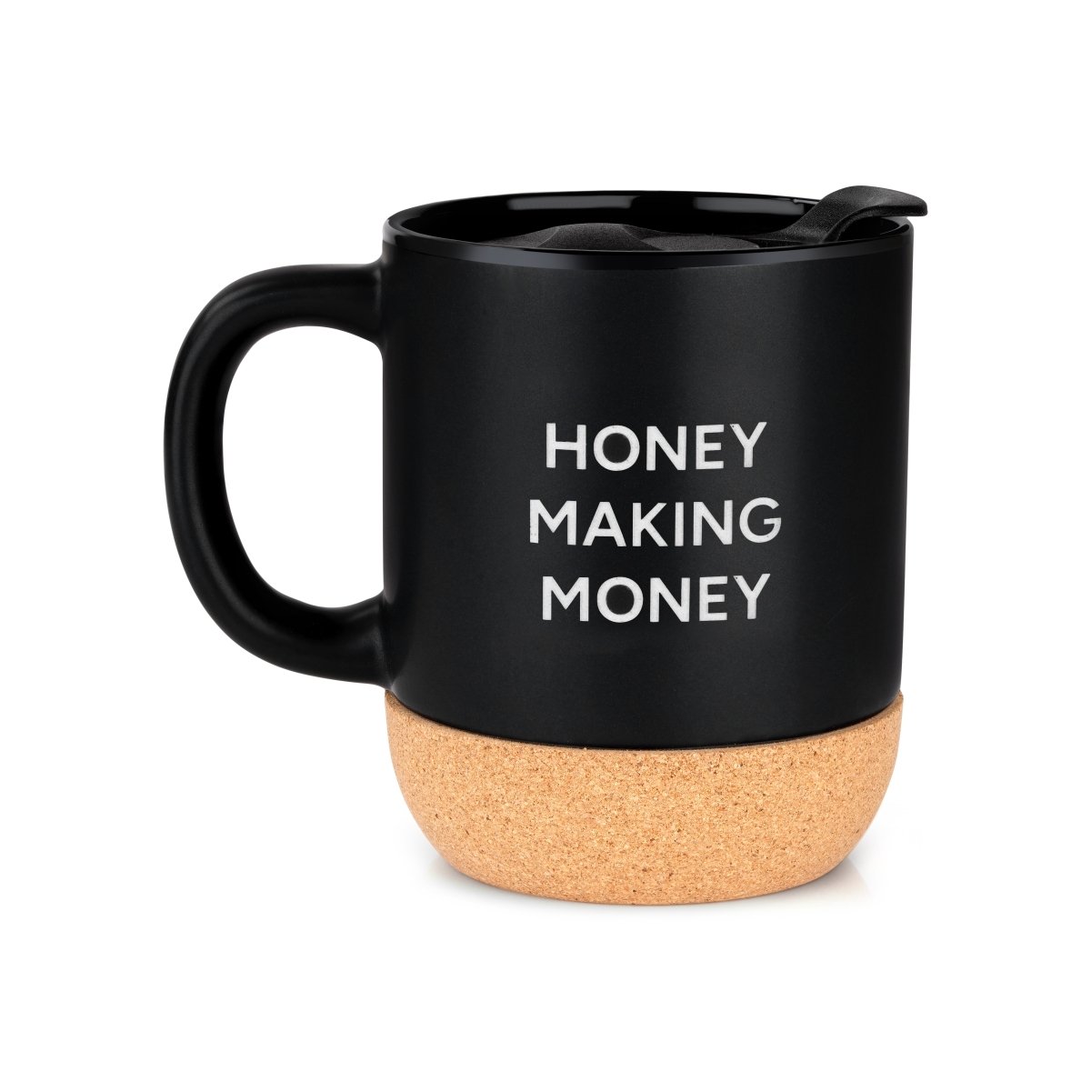 Honey Making Money 250ml Ceramic Mug With Slide To Sip Lid Cork Base – Mugs by The Cork Studio available on Brown Living™. . SKU: TCS - 06. Img 1.