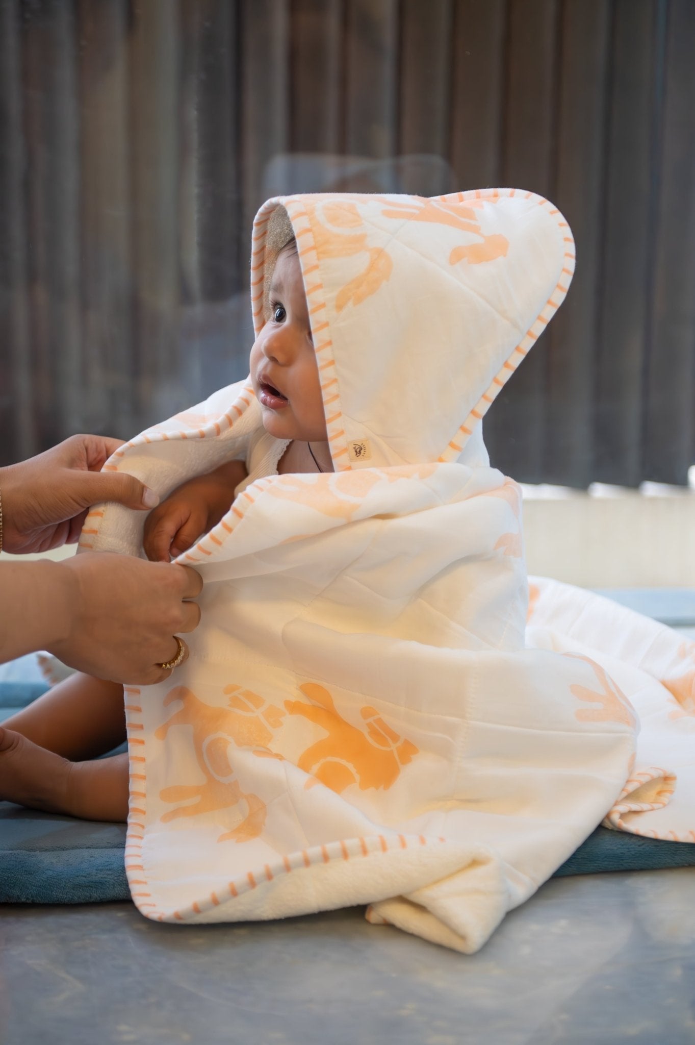 Hooded Baby & Kids Towel in Circus Peach Print – Bath Linens on Brown Living™. SKU: MSY-00431E-Peach. Img 9.