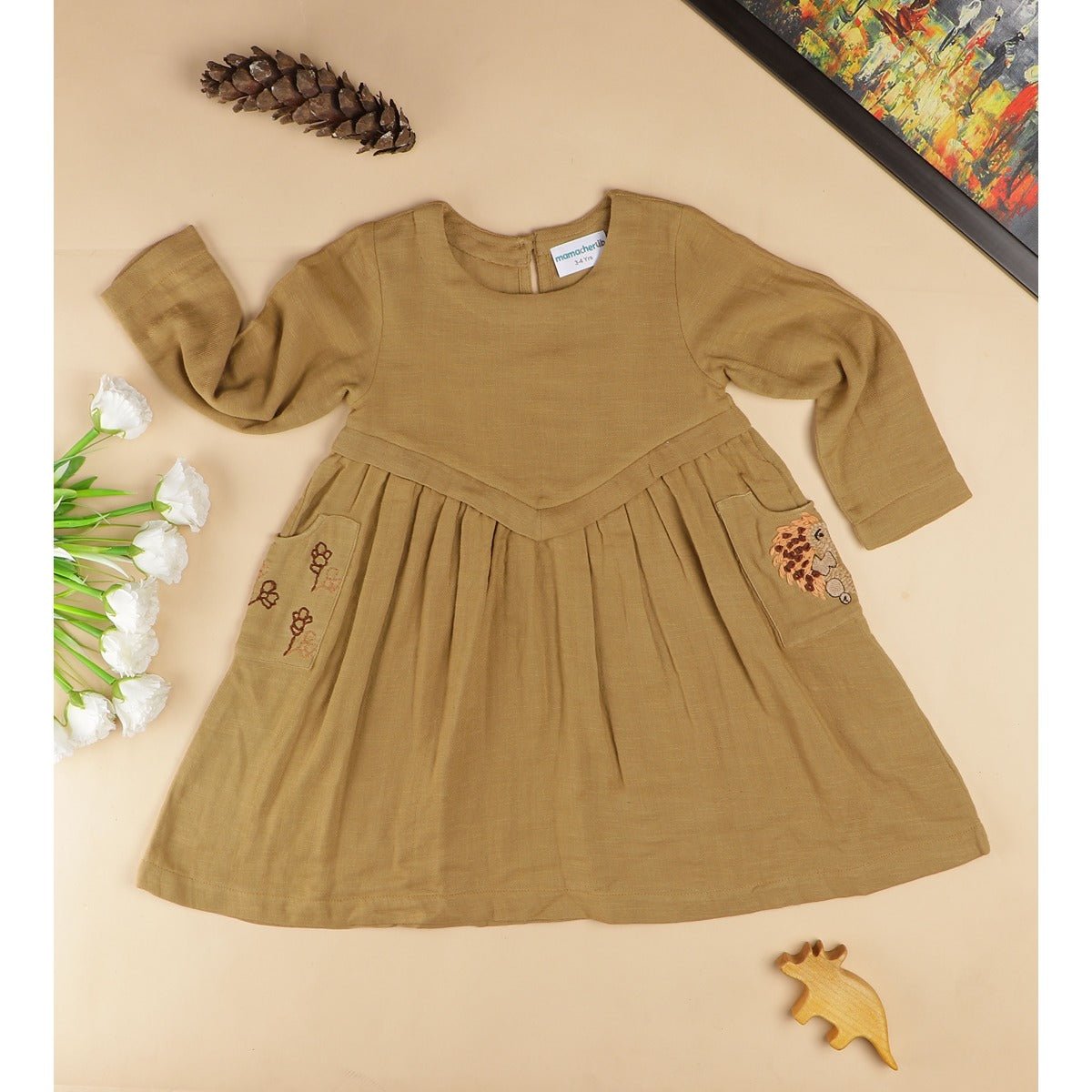 Hopping Hedgehog Dress | Soft Cotton Dress for Girls – Kids Daywear Sets on Brown Living™. SKU: MCBL73BEIGE. Img 1.