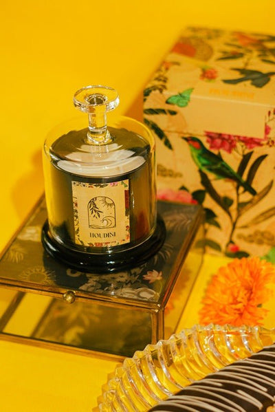 Houdini Bell Jar Candle | Woody Luxury Scented Soy Wax Candle – Candles & Fragrances on Brown Living™. SKU: HDBC002. Img 2.