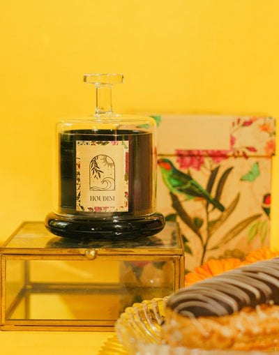 Houdini Bell Jar Candle | Woody Luxury Scented Soy Wax Candle – Candles & Fragrances on Brown Living™. SKU: HDBC002. Img 1.
