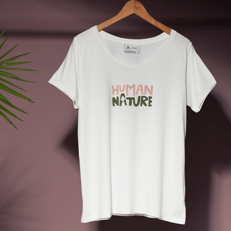 Human Nature - Womens Organic Cotton T - shirt | White | Verified Sustainable Womens T - Shirt on Brown Living™