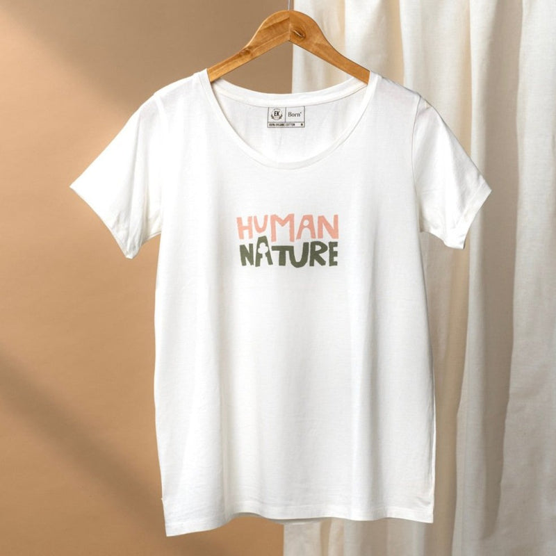 Human Nature - Womens Organic Cotton T - shirt | White | Verified Sustainable Womens T - Shirt on Brown Living™