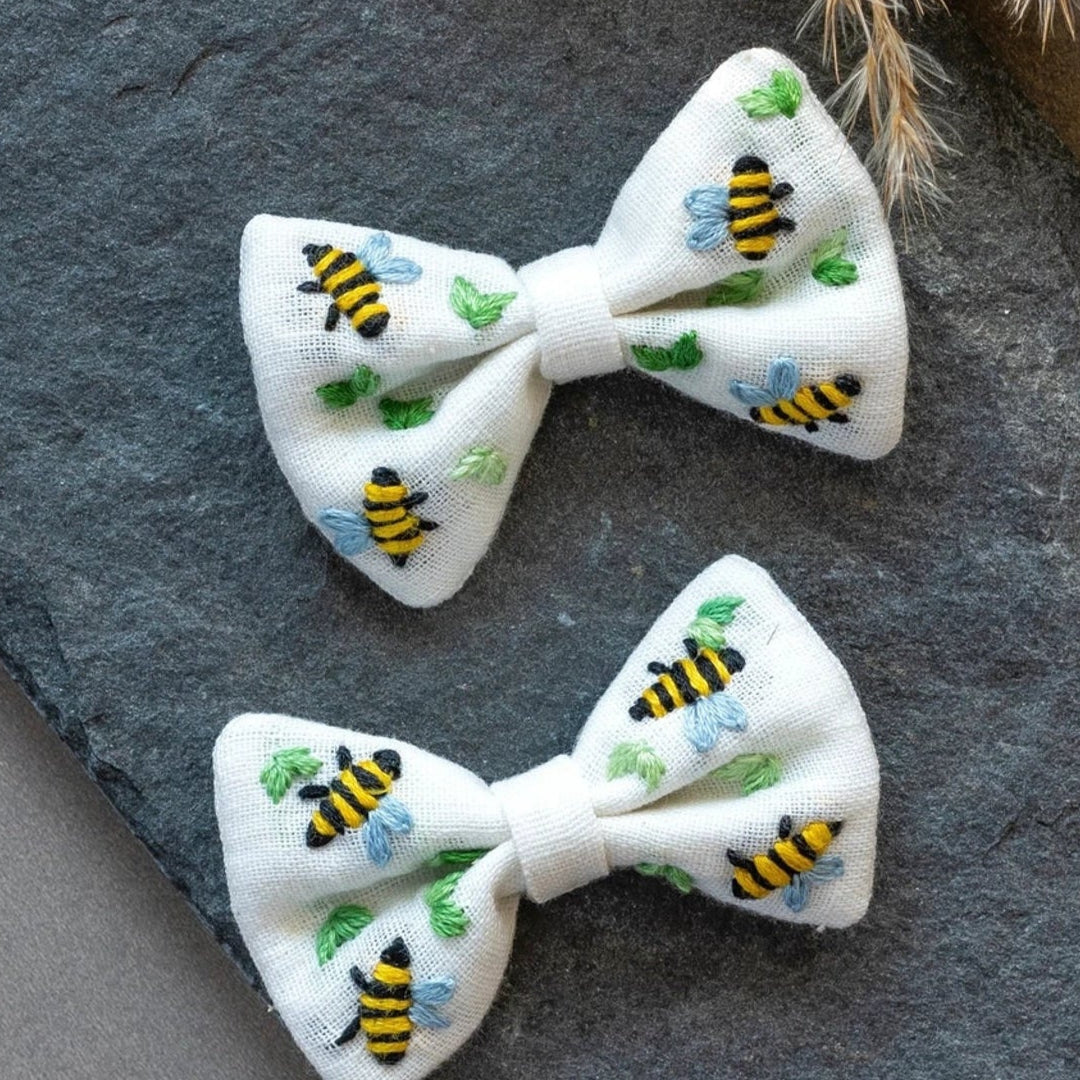 Bumble Bee Embroidered Cotton Hair Bows for Kids