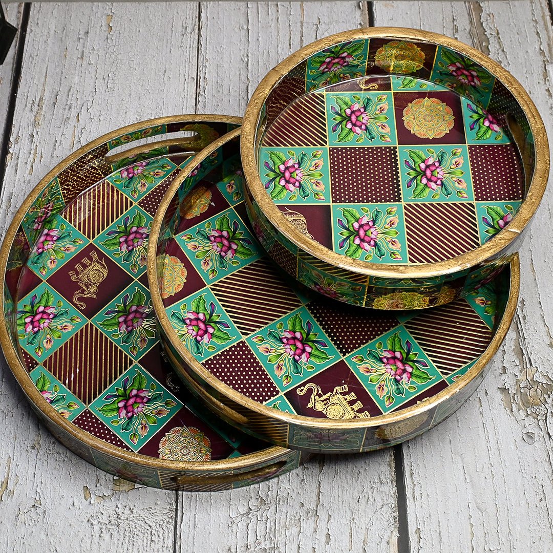 Indian Crafted Round Trays - Pack of 3 – Home Decor by The Mohraj available on Brown Living™. Rajasthani Wooden Round Trays . SKU: MJ00141TYV. Img 10.