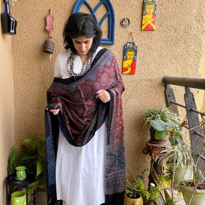 Indigo Ajrakh silk dupatta – Womens Dupatta on Brown Living™. SKU: K738. Img 1.