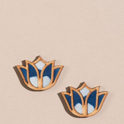 Indigo Bloom Lotus Repurposed Fabric and Wood Necklace & Earrings Set – Womens Earrings on Brown Living™. SKU: JCC024. Img 5.