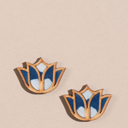 Indigo Bloom Lotus Repurposed Fabric and Wood Necklace & Earrings Set – Womens Earrings on Brown Living™. SKU: JCC024. Img 5.