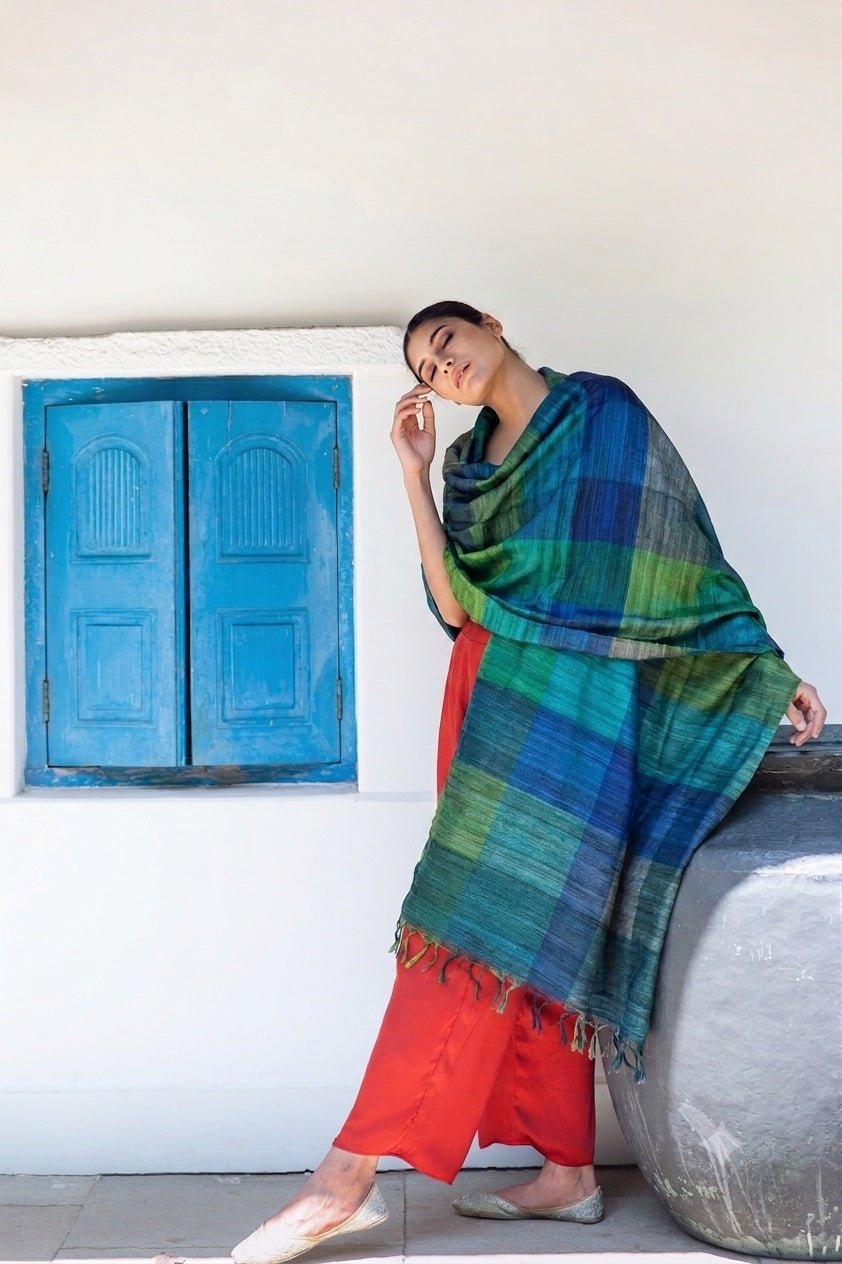 Indigo Blue Madras Checks Tussar Peace Silk Scarf – Womens Scarf on Brown Living™. SKU: NAESWT100. Img 1.