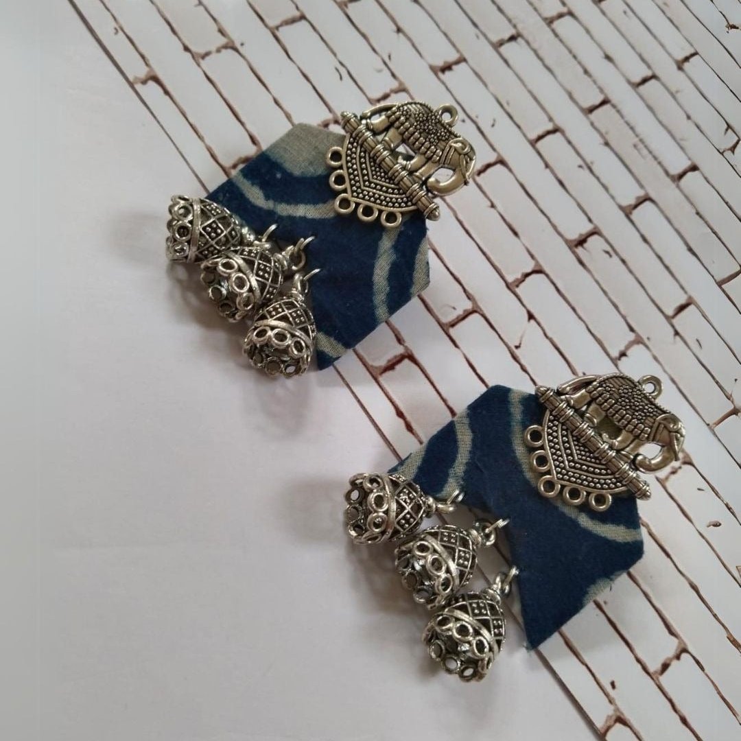 Indigo Blue Printed Elephant Charm Earrings For Women | Verified Sustainable by Brown Living™